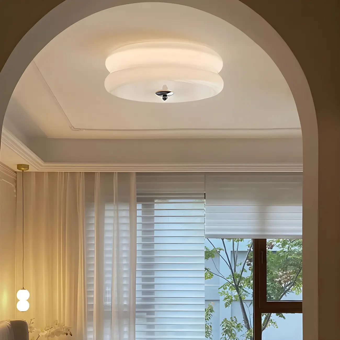 Modern Creamy Round Double-Tier Glass LED Flush Ceiling Light