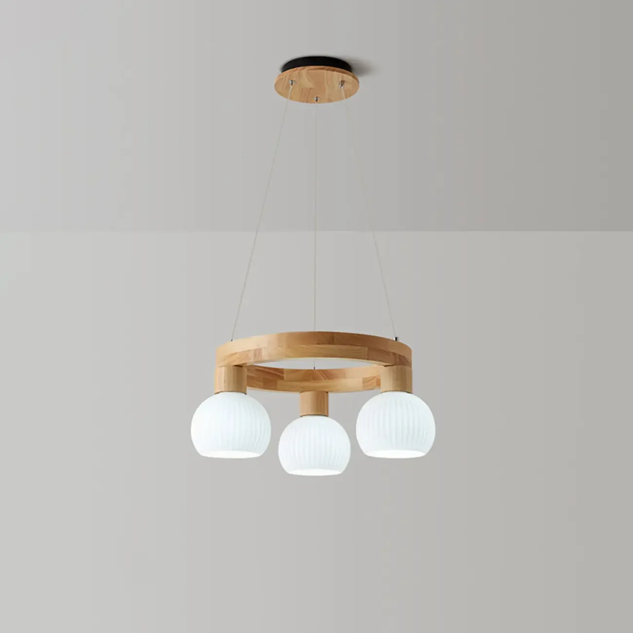 Nordic Natural Wood Round Glass Pendant Chandelier