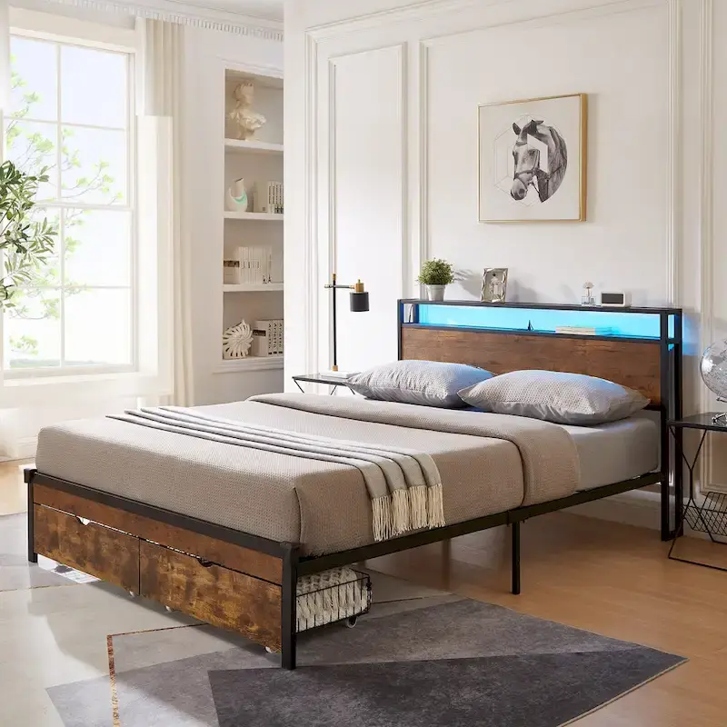 Queen Size Metal Platform Bed with LED Lights and Wooden Headboard