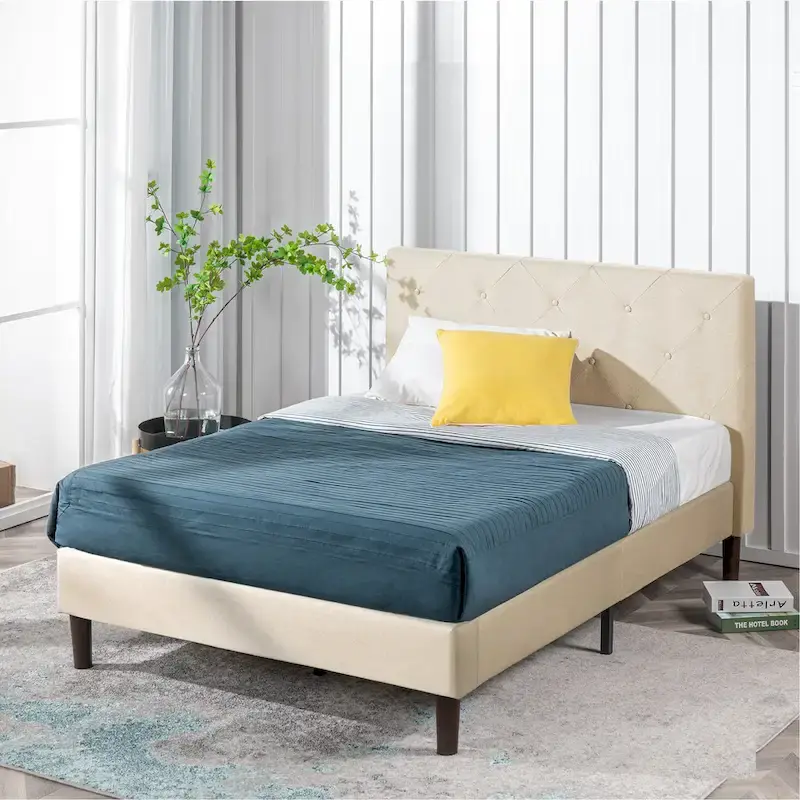 Priage by ZINUS Beige Upholstered Diamond Stitched Platform Bed Frame