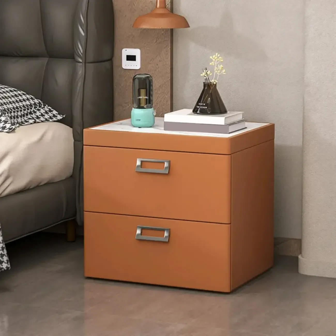 Modern Faux Leather 2 Drawers Nightstand with Stone Top