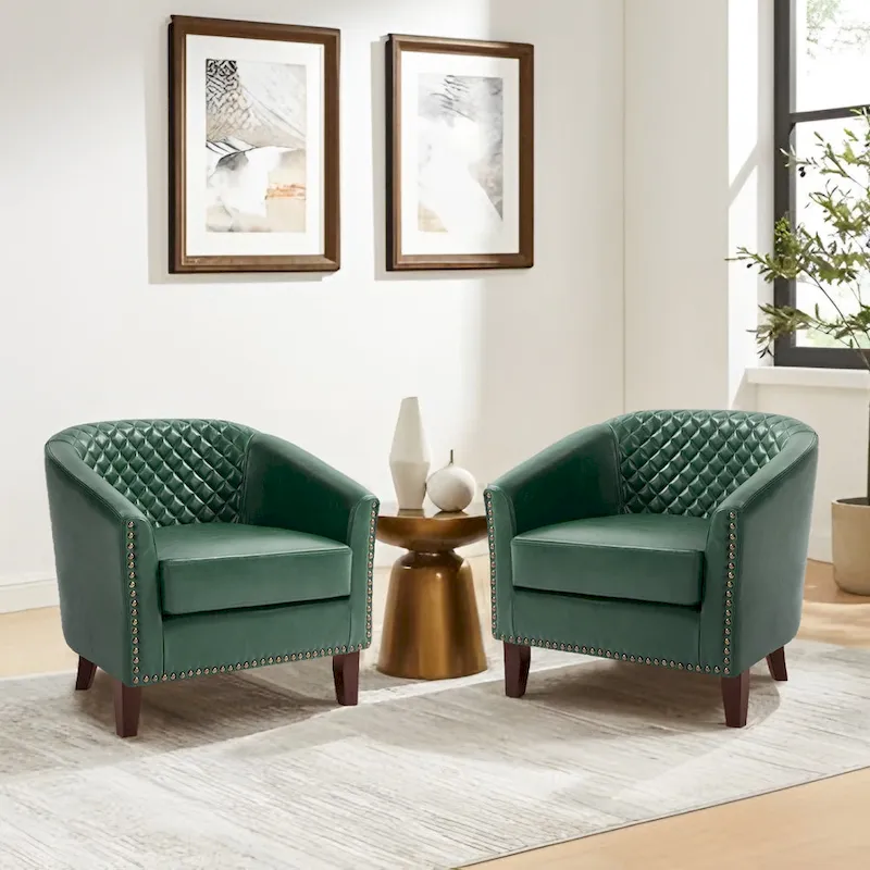 2 Set Vegan Leather Barrel Accent Chairs with Nailheads Trim