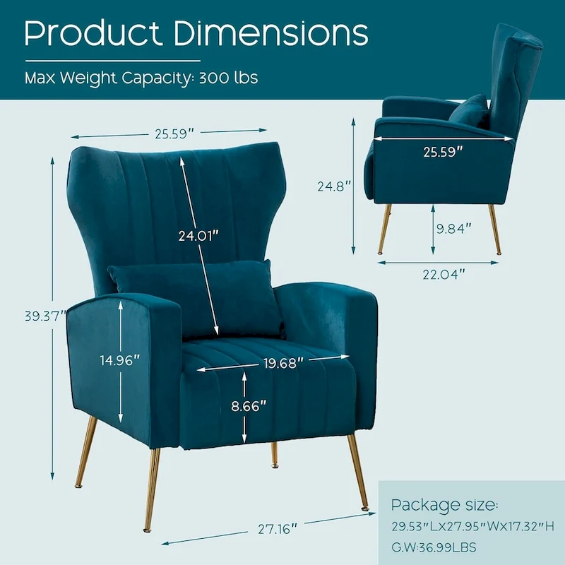 HOMYKA Accent Chair Upholstered Velvet Wingback Armchair with Pillows