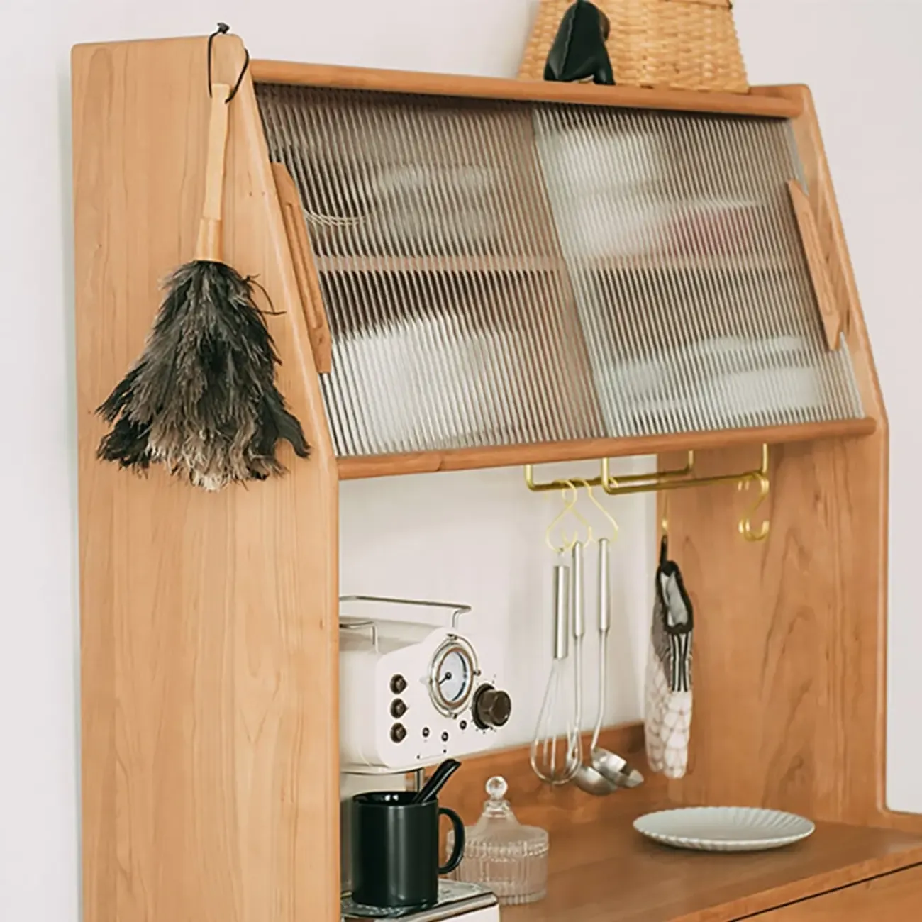 Mid-Century Natural 4-Drawer Wood Hutch Top Sideboard