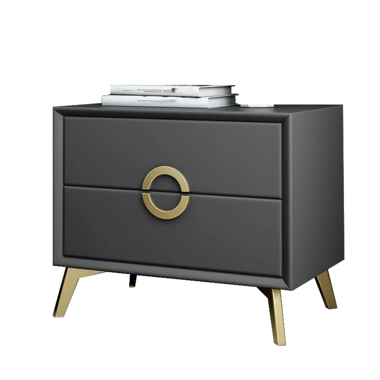 Chic Khaki Leather Gold Accents 2-Drawer Nightstand
