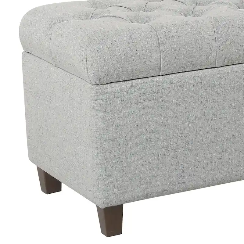 Fabric Upholstered Button Tufted Wooden Bench with Hinged Storage, Light Gray and Brown