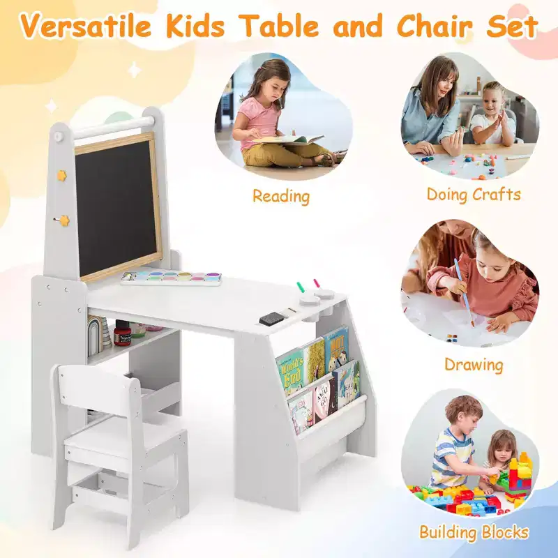 Costway Kids Art Table and Chair Set with Easel & Chair Whiteboard & Chalkboard Paper Roll
