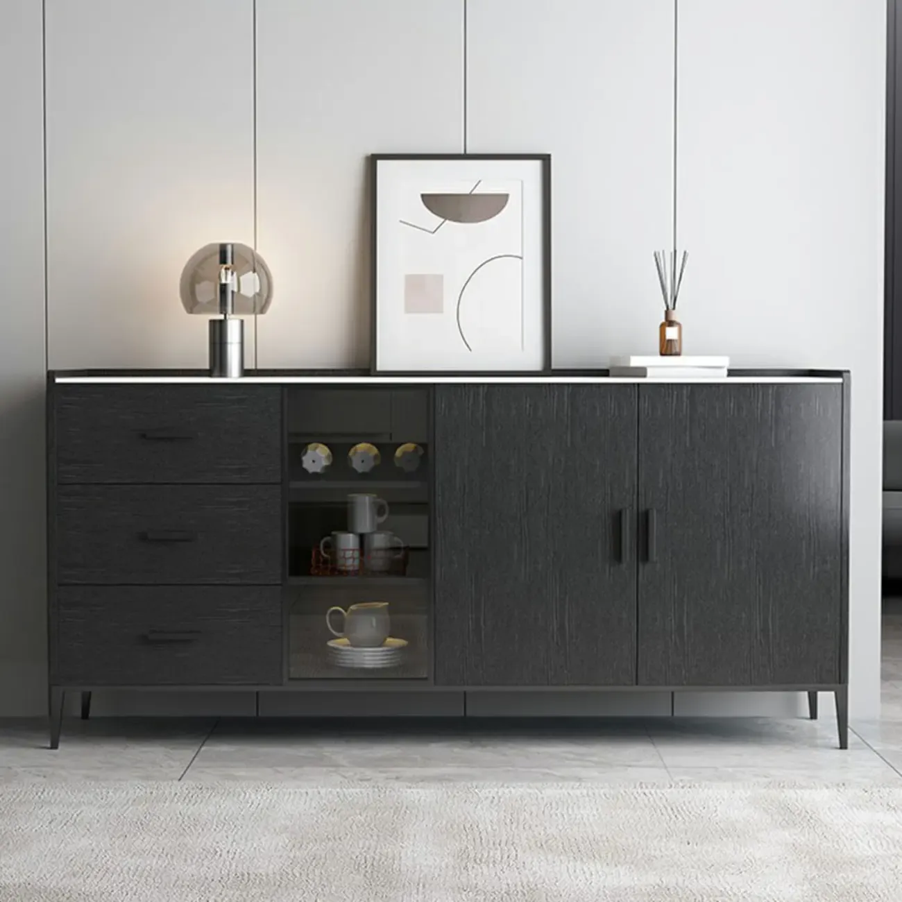 Modern Wooden Sideboard with Cabinets & Wine Rack