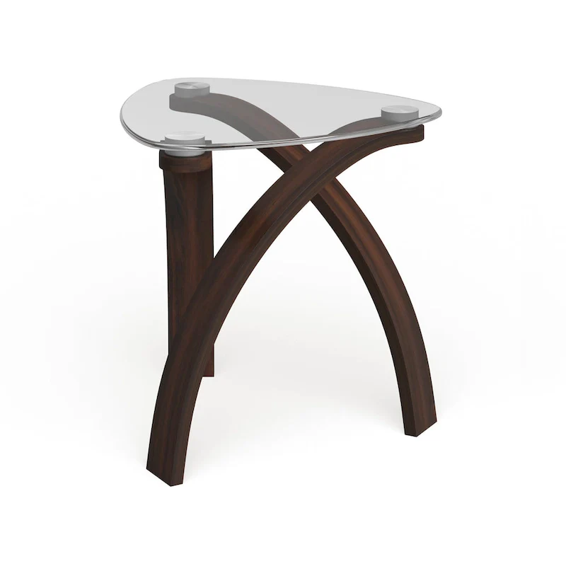 Modern Glass Top End Table, Cherry, Crossed Arch Base, Walnut Veneer