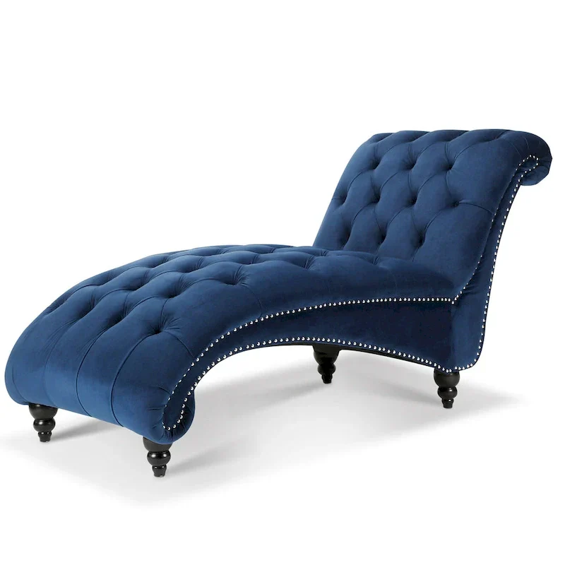 Blue 27.17 Buttons Tufted Chaise Lounge Chair with Nailheads
