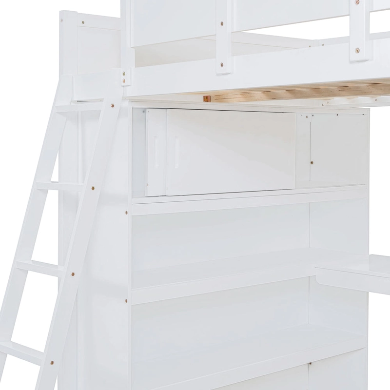 White Full Size Solid Wood Loft Bed with Desk and Shelf for Kids