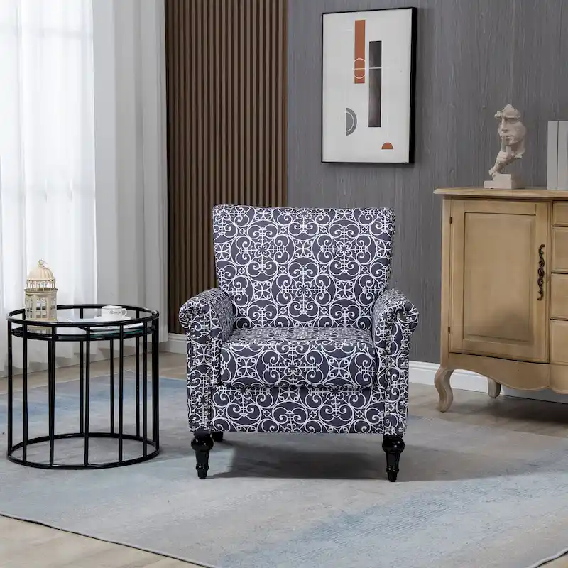 Mid-Century Modern Accent Chair, Linen Armchair w/Tufted Back/Wood Legs