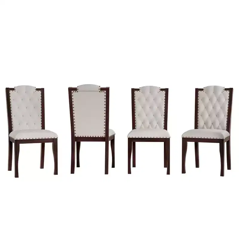 Beige Linen High Back Dining Chair, Button Tufted, Set of 4