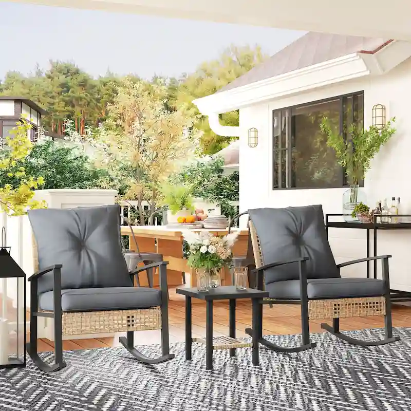 Outsunny 3 Piece Patio Bistro Set, Wicker Furniture Set with Button Tufted Cushions, Rattan Rocking Chairs and Coffee Table