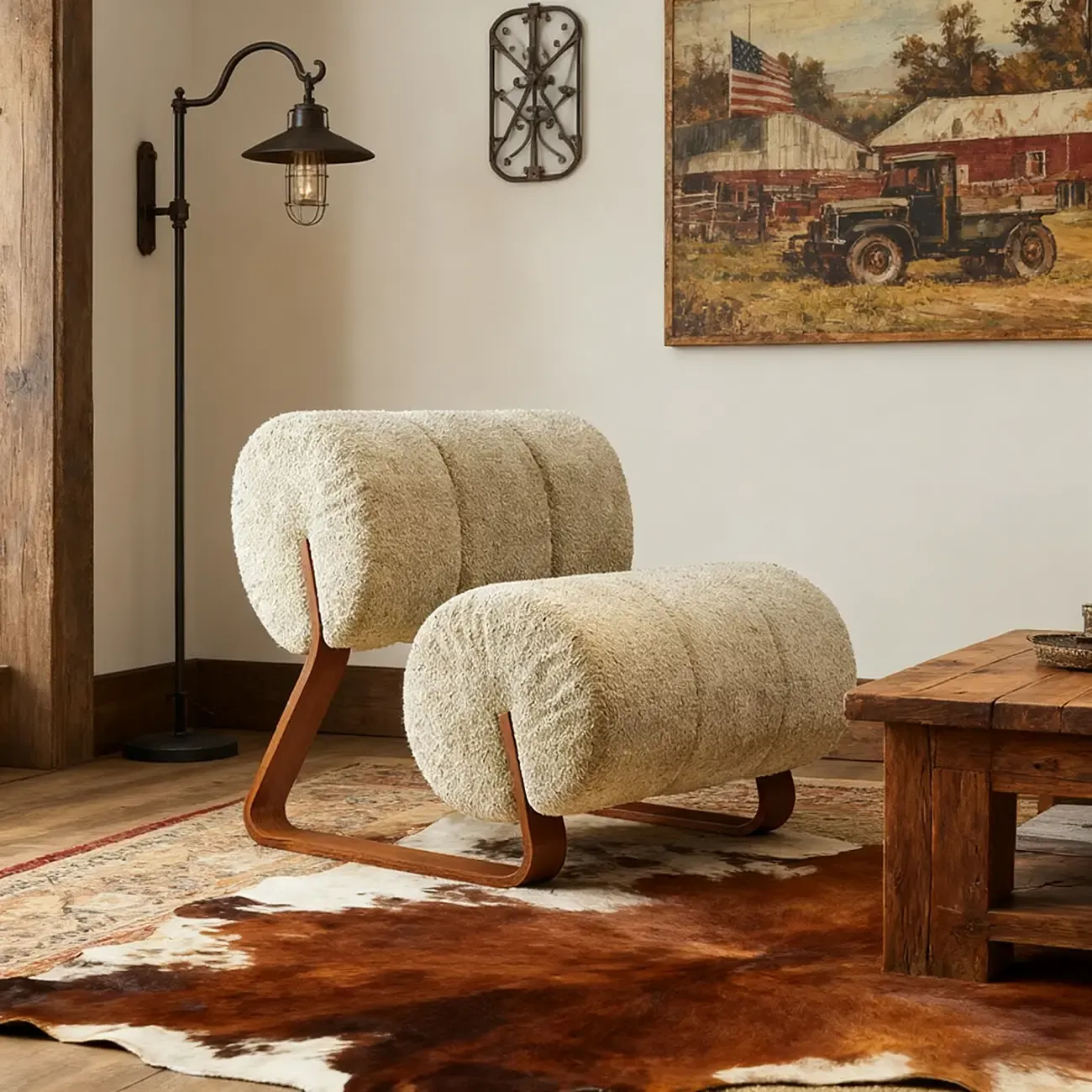 Mid-Century Modern Sherpa Armless Accent Chair with Metal Base