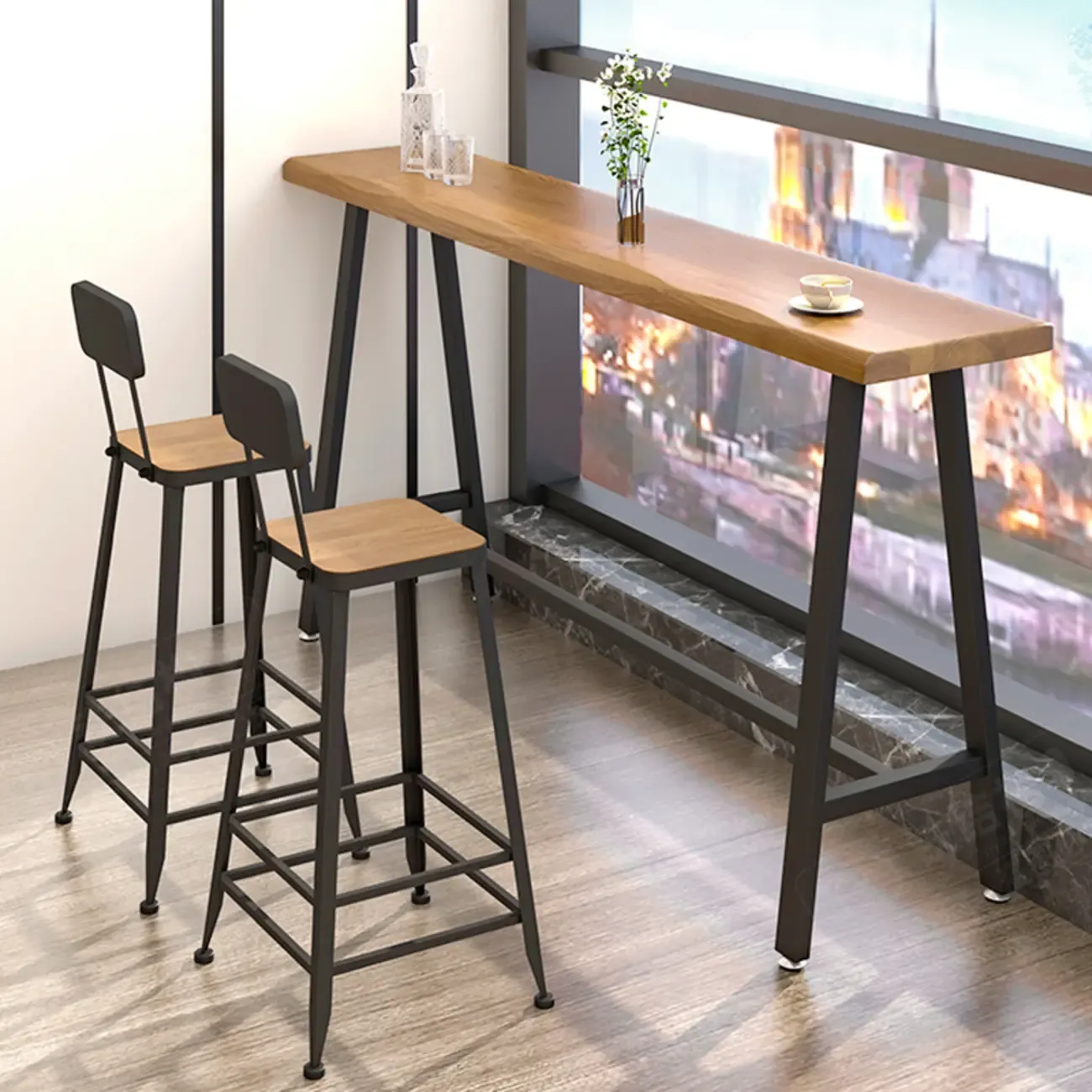 Simple Brown Pine Bar Tables with Footrest