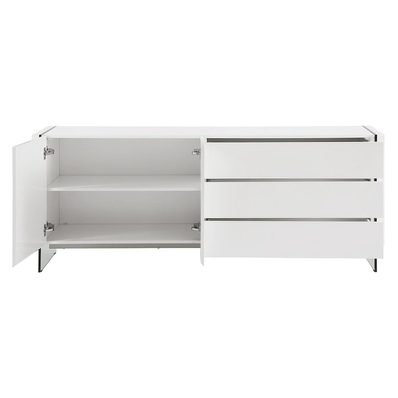 IL VETRO buffet-server in high gloss white lacquer with clear glass.