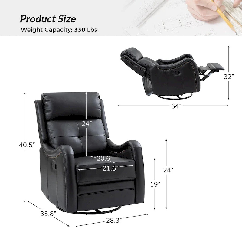 Genuine Leather Swivel Rocker Recliner with Nailhead Trims by