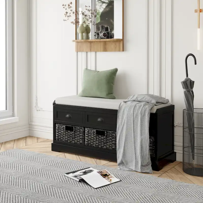 Homes Collection Wood Storage Bench with 3 Drawers and 3 Baskets