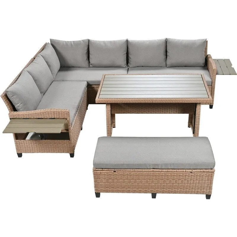 5-Piece L-Shaped Patio Rattan Sofa Set with 2 Extendable Side Tables