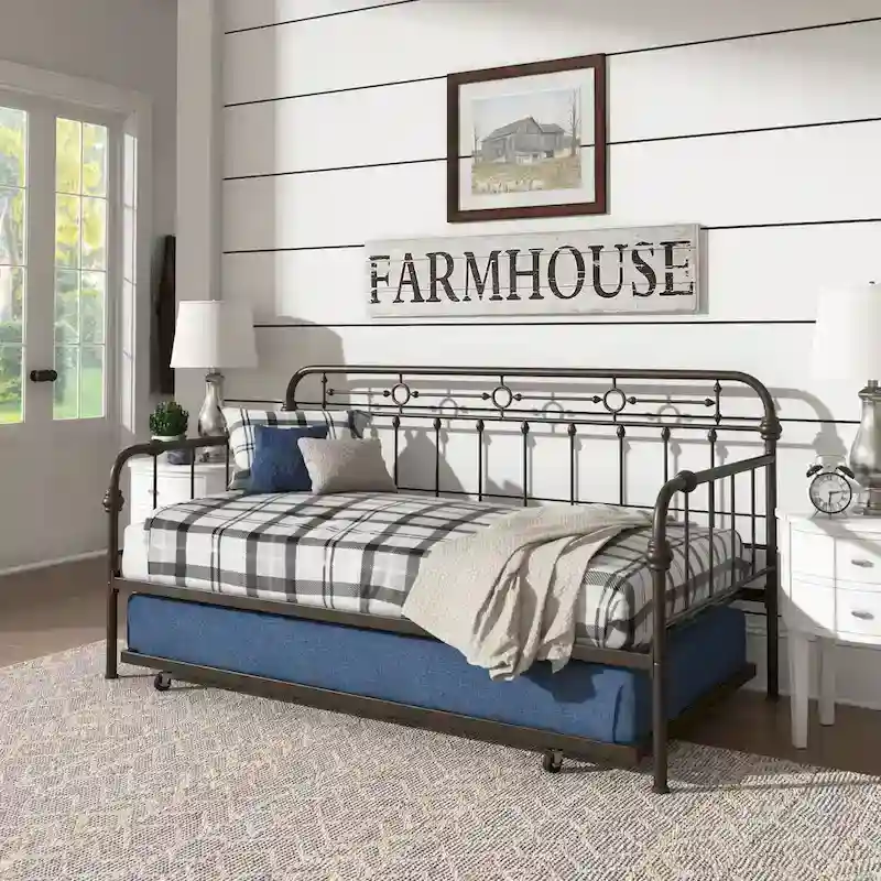 Antique Dark Bronze Metal Daybed with Trundle, Classic Style Twin Guest Bed