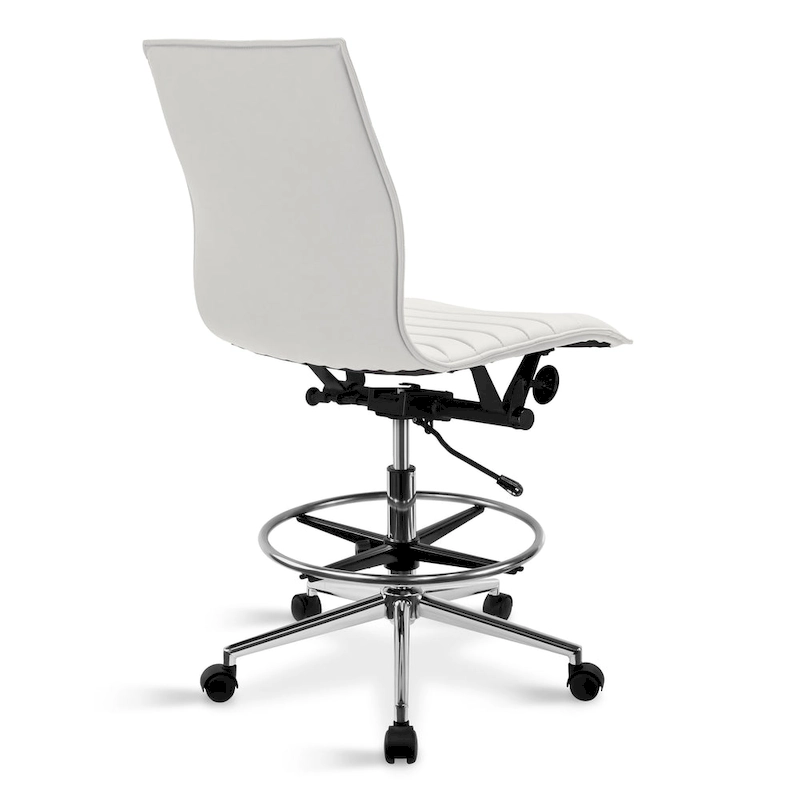 Modern Drafting Chair Upholstered PU Leather Ribbed Armless Mid Back with Tall Adjustable Base & Leg Rest