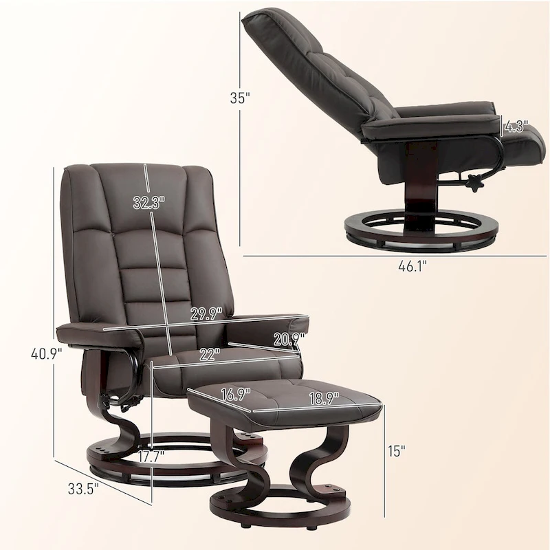 HOMCOM Swivel Recliner Chair and Ottoman, Faux Leather Reclining Chair with High Back