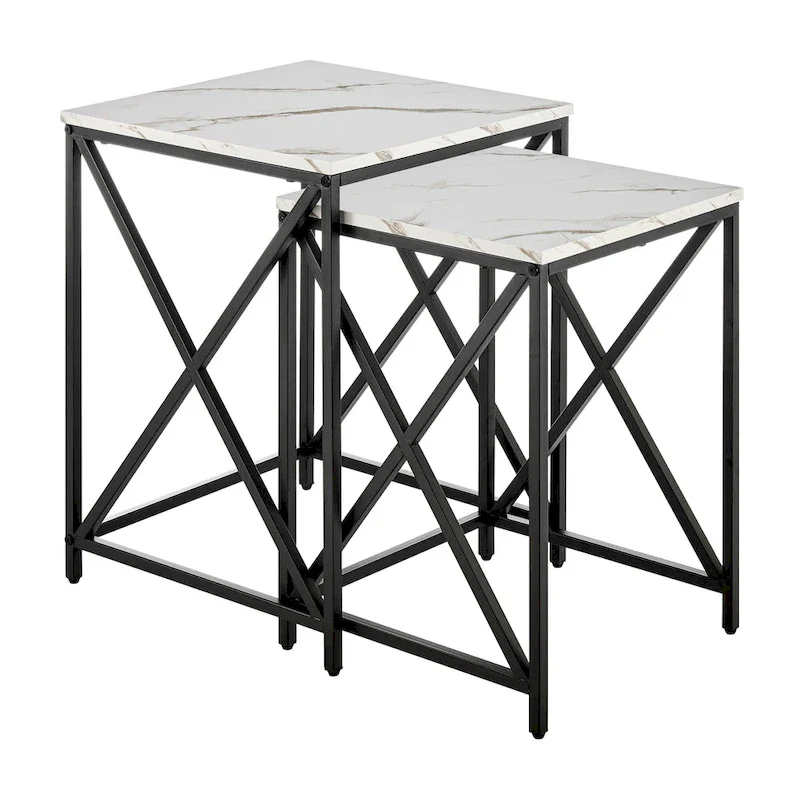 Modern Square Marble Finish Veneer Top Black Metal Frame Nesting End Tables - Set of 2