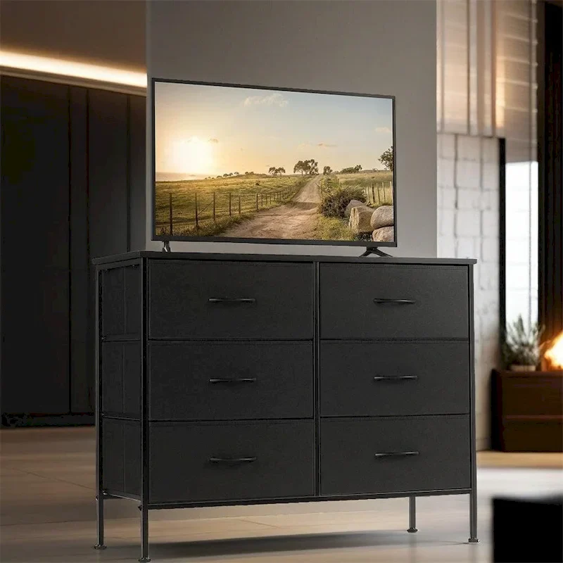 6 Drawers Dresser Chest with Metal Frame and Wooden Top