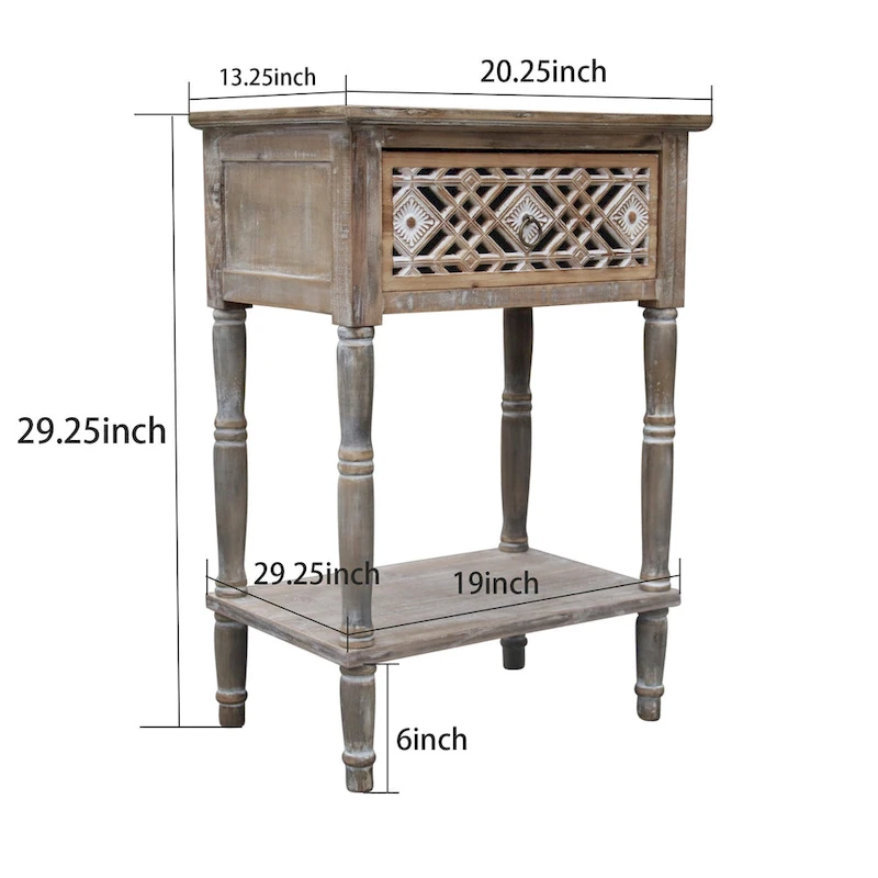 Farmhouse Nightstand with Cutout Carved Drawer and Open Display Shelf, Distressed Accent Table