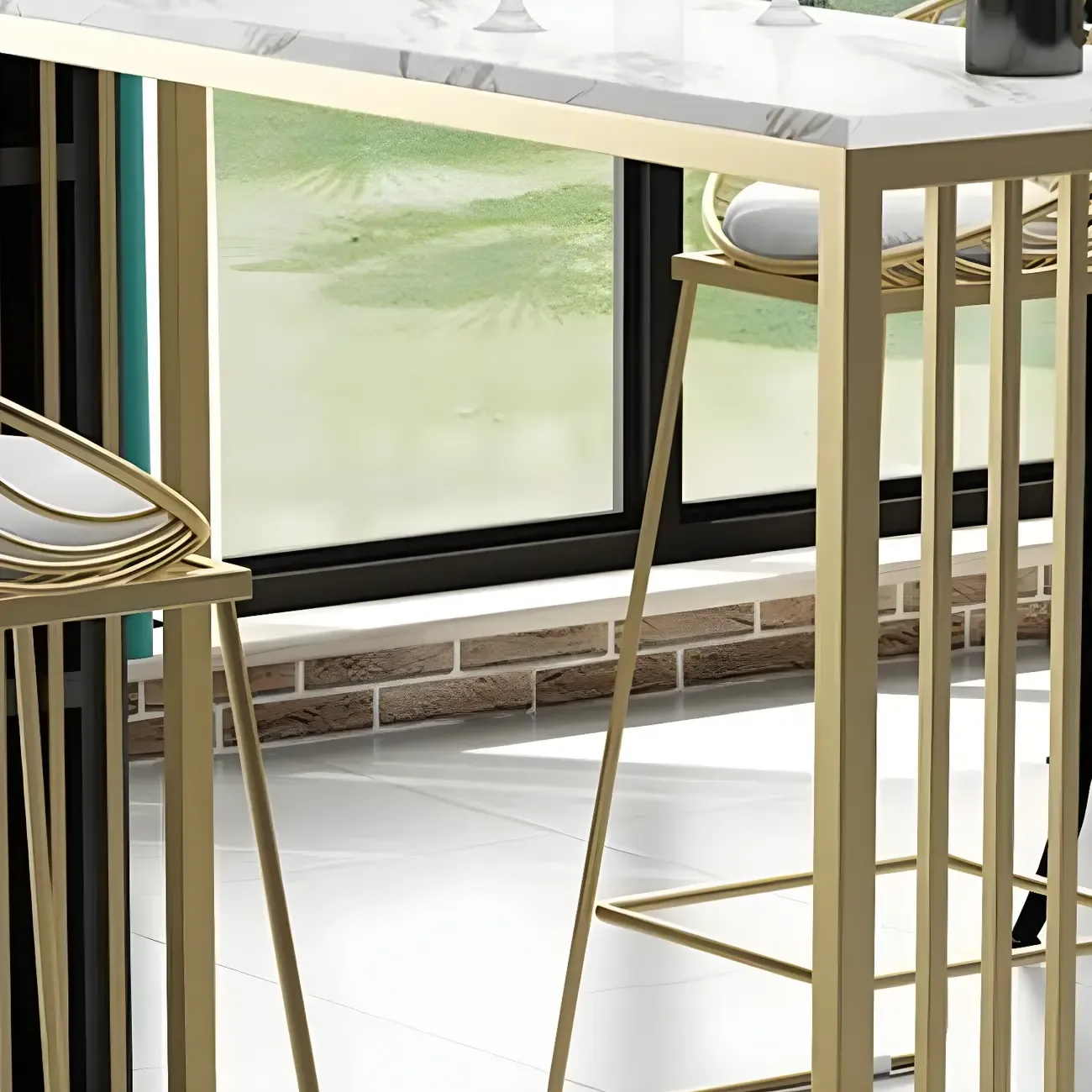 Glam White Faux Marble Gold Rail Metal Base Bar Tables