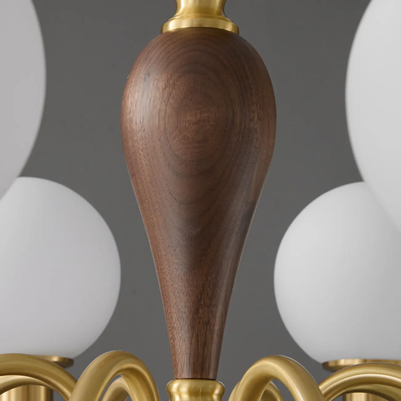 Mid-Century Brass Wood Chandelier with Globe Glass Shade