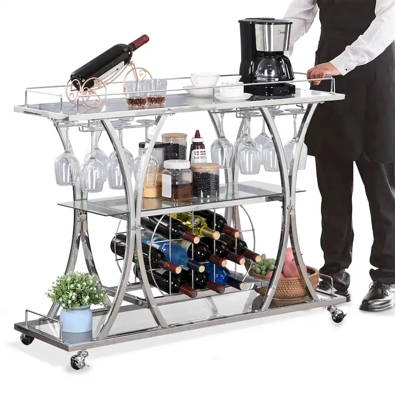 3-Tier Metal Bar Cart with Tempered Glass Shelves, Rolling Serving Cart for Kitchen or Bar