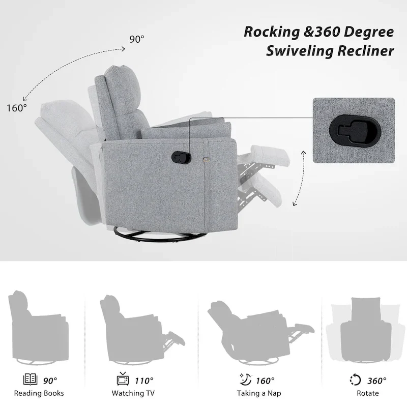 Beige Upholstered Swivel Rocker Recliner with Manual Recline, 360 Swivel, and Two Removable Cushions
