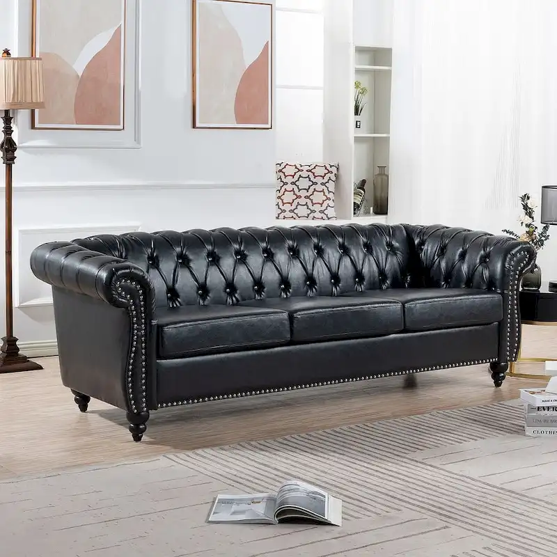 84.65 Chesterfield Tufted Faux Leather Sofa with Rolled Arms