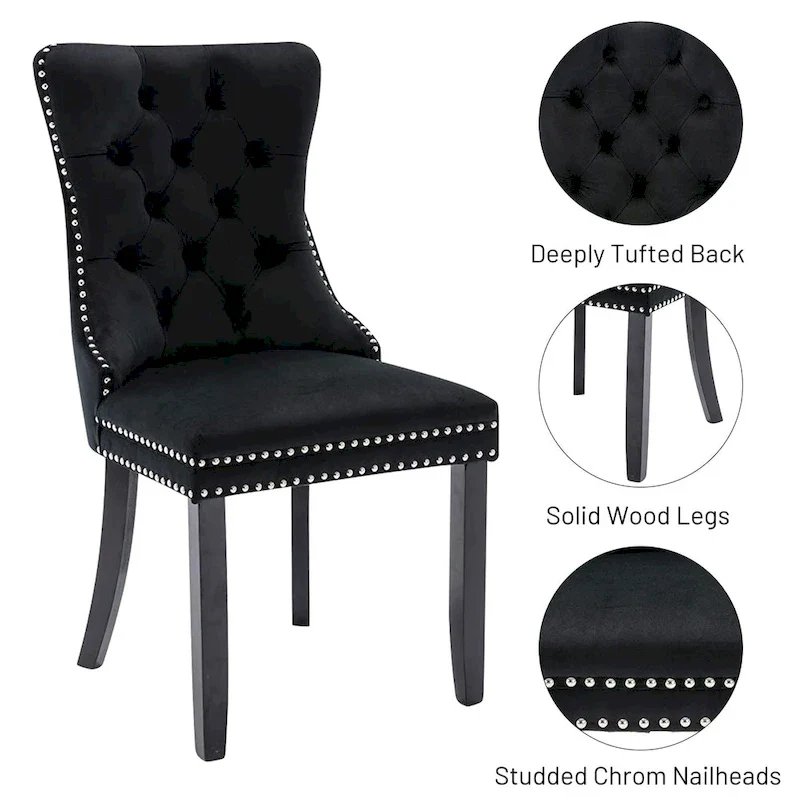 Velvet Dining Chairs Set of 2, Upholstered High-end Tufted Dining Room Chair with Nailhead Back Ring Pull Trim Solid Wood Legs
