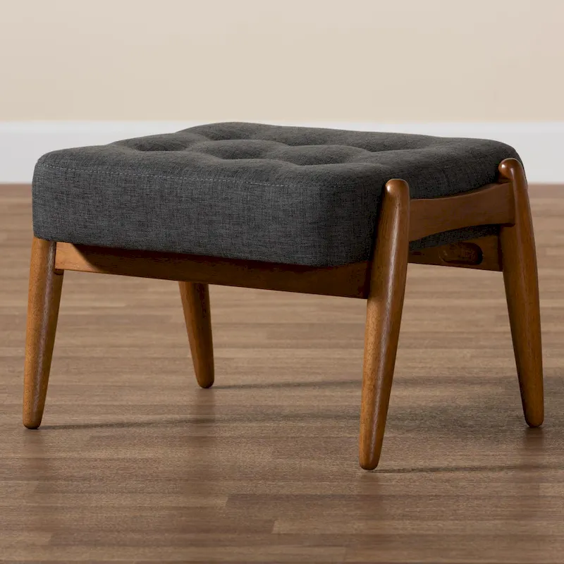 Jeanine Japandi Dark Grey Fabric and Walnut Brown Finished Wood Ottoman Footstool