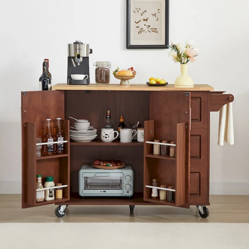Kitchen Island with Drop Leaf Countertop and Rolling Cart
