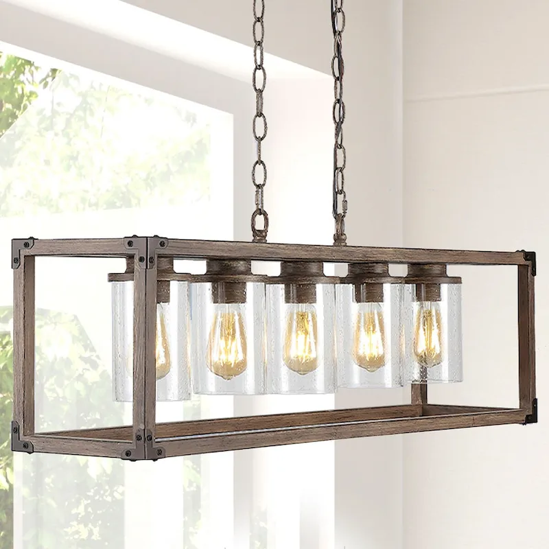 Darlene 36  5-Light Linear Adjustable Iron/Seeded Glass Rustic Farmhouse LED Pendant, Brown by JONATHAN Y