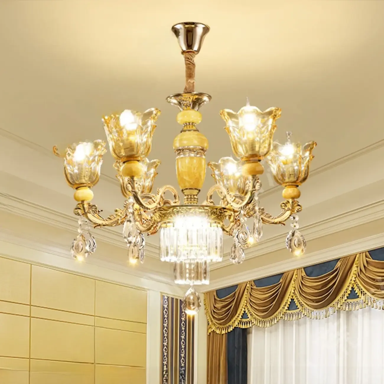 Adjustable Luxury Gold Flower Shape Clear Glass Chandelier