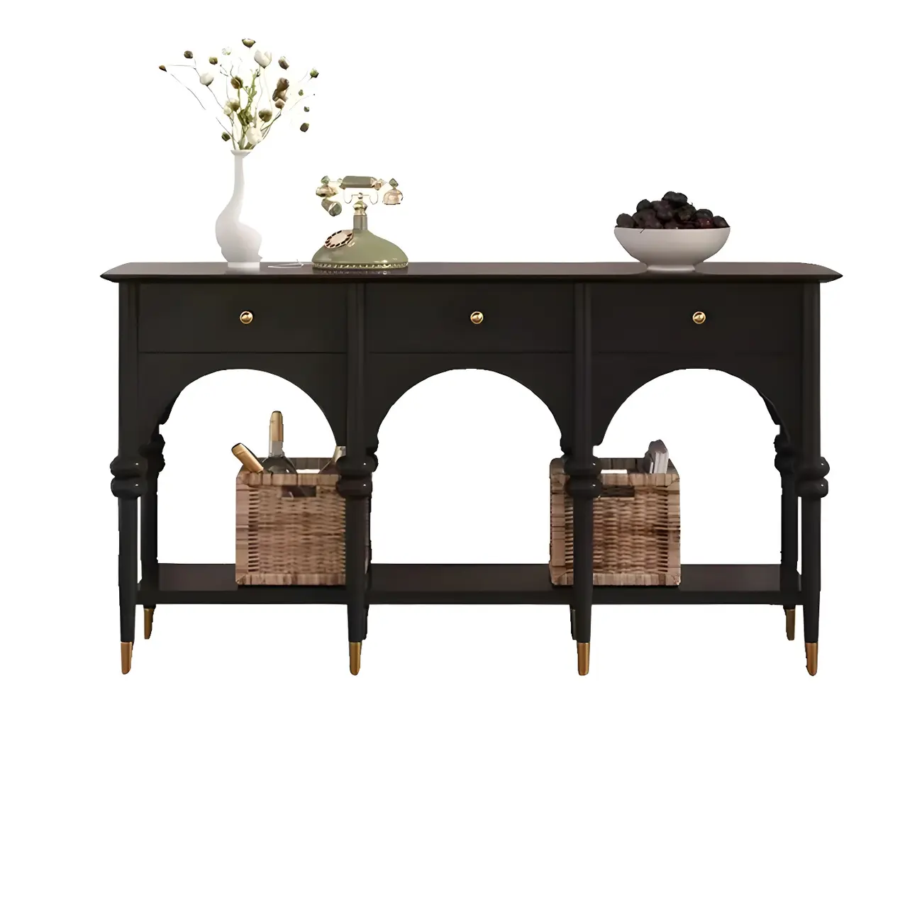 Rectangular Black Wood Console Table with Drawers