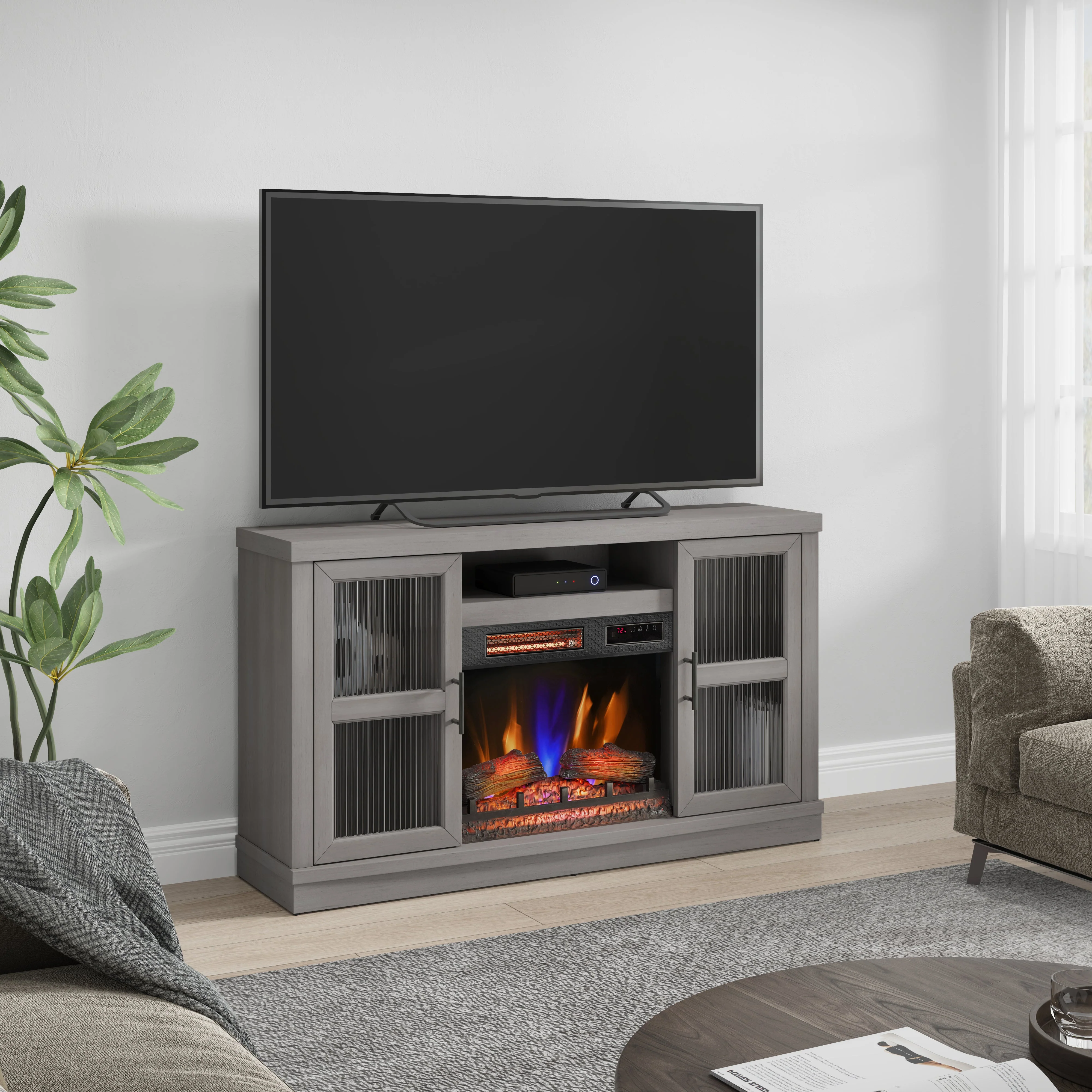 duraflame? Reeded Glass Door Electric Fireplace TV Stand Media Console