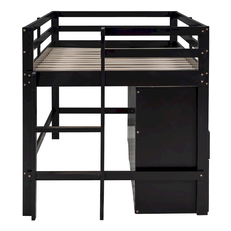 Espresso Twin Solid Wood Loft Bed with Drawers & Cabinet
