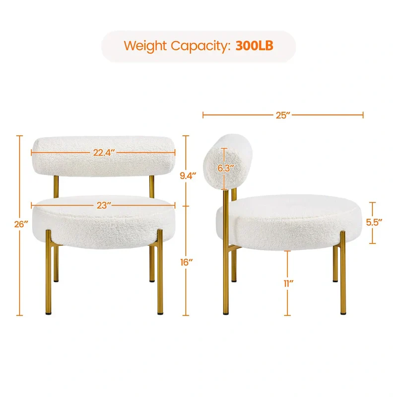 Yaheetech Boucle Gold Metal Legs Accent Chair With Round Padded Seat, White - 252326