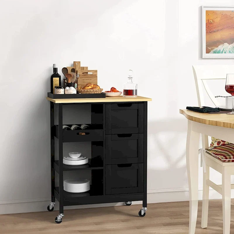 Kleio Solid Wood Top Kitchen Island Storage Cart with 3 Drawers Rolling Serving Trolley Cart