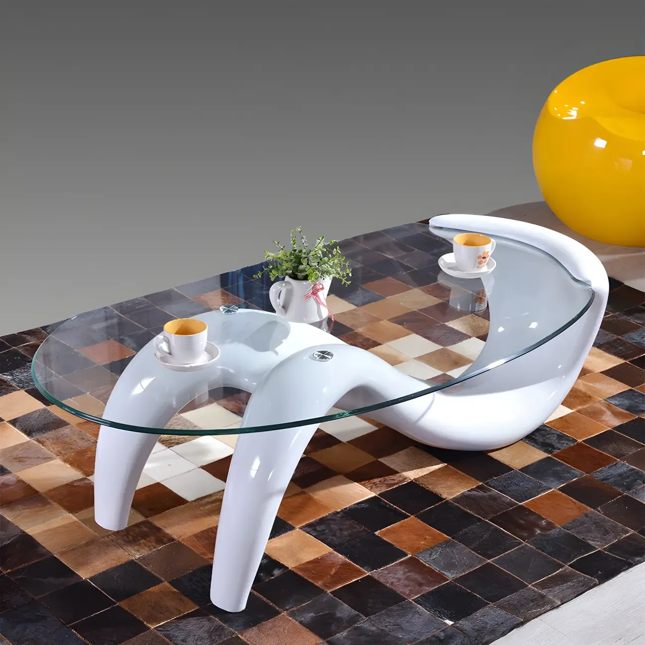 Abstract Modern Oval Glass Top Metal Base Coffee Table