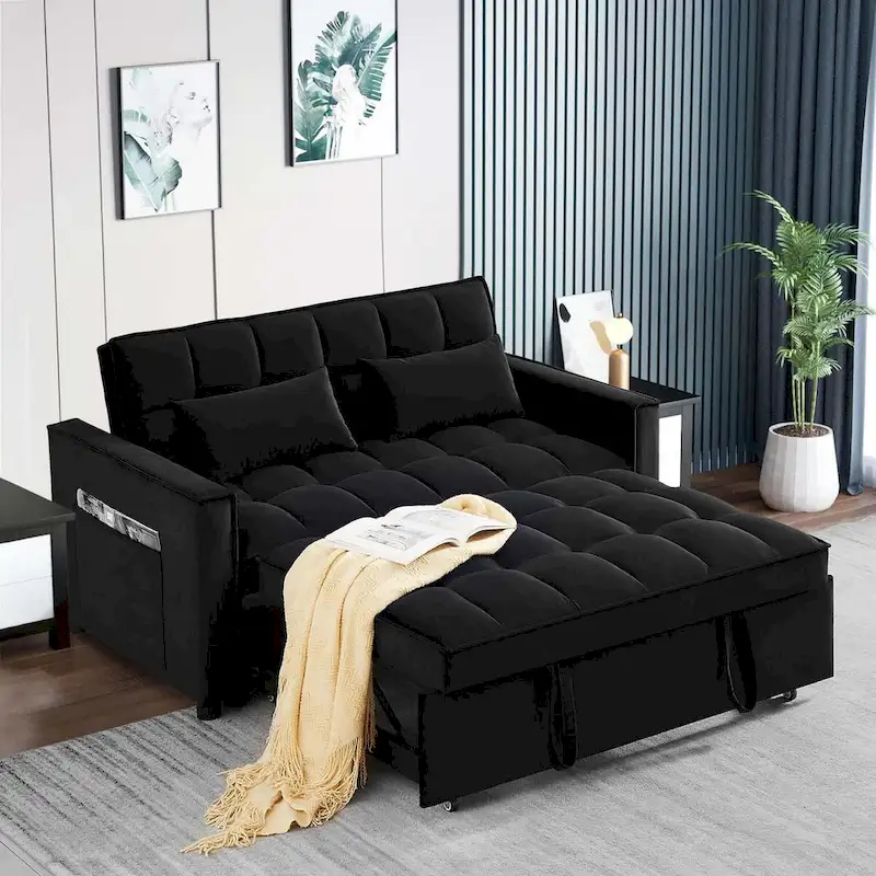 Convertible Sleeper Loveseat, 3-Position Backrest, Velvet, Foam, Side Pockets, USB, Seats 2/Twin Bed, Blue/Black/Grey