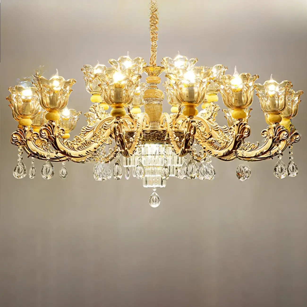 Adjustable Luxury Gold Flower Shape Clear Glass Chandelier