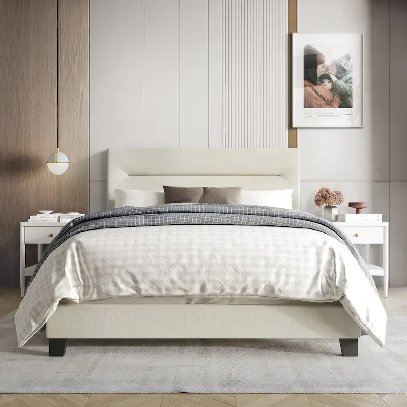 Linen Upholstered Bed, Foam-Padded Headboard, Rubberwood/MDF, Seats 2, Grey/Blue/Beige/Light Blue, Twin/Full/Queen/King