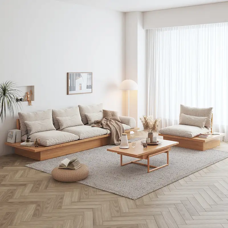 JASIWAY Cotton Line Beige Sofa With Wood Frame